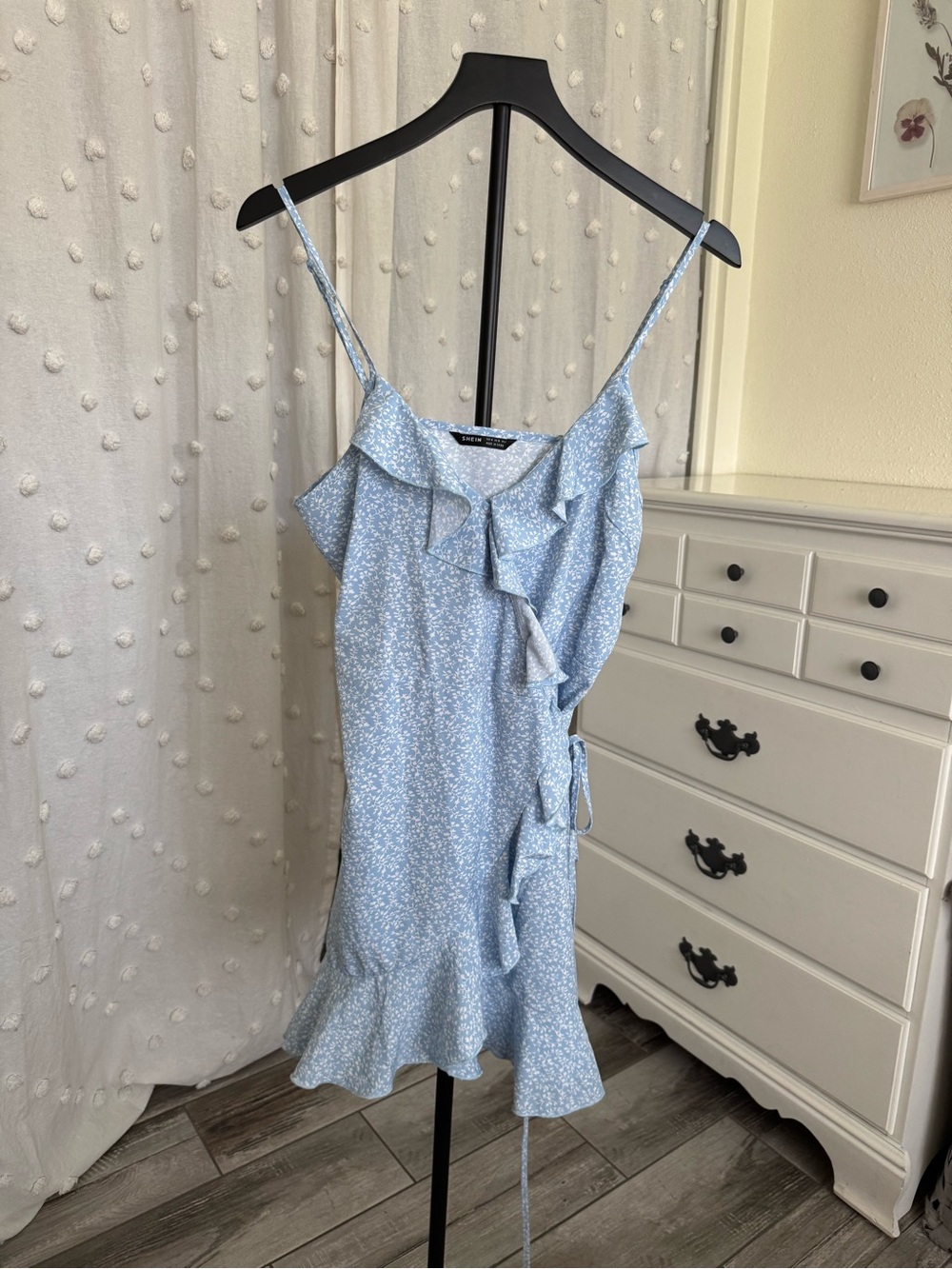 SHEIN Light Blue Floral Ruffle Tie-Detail Mini Dress